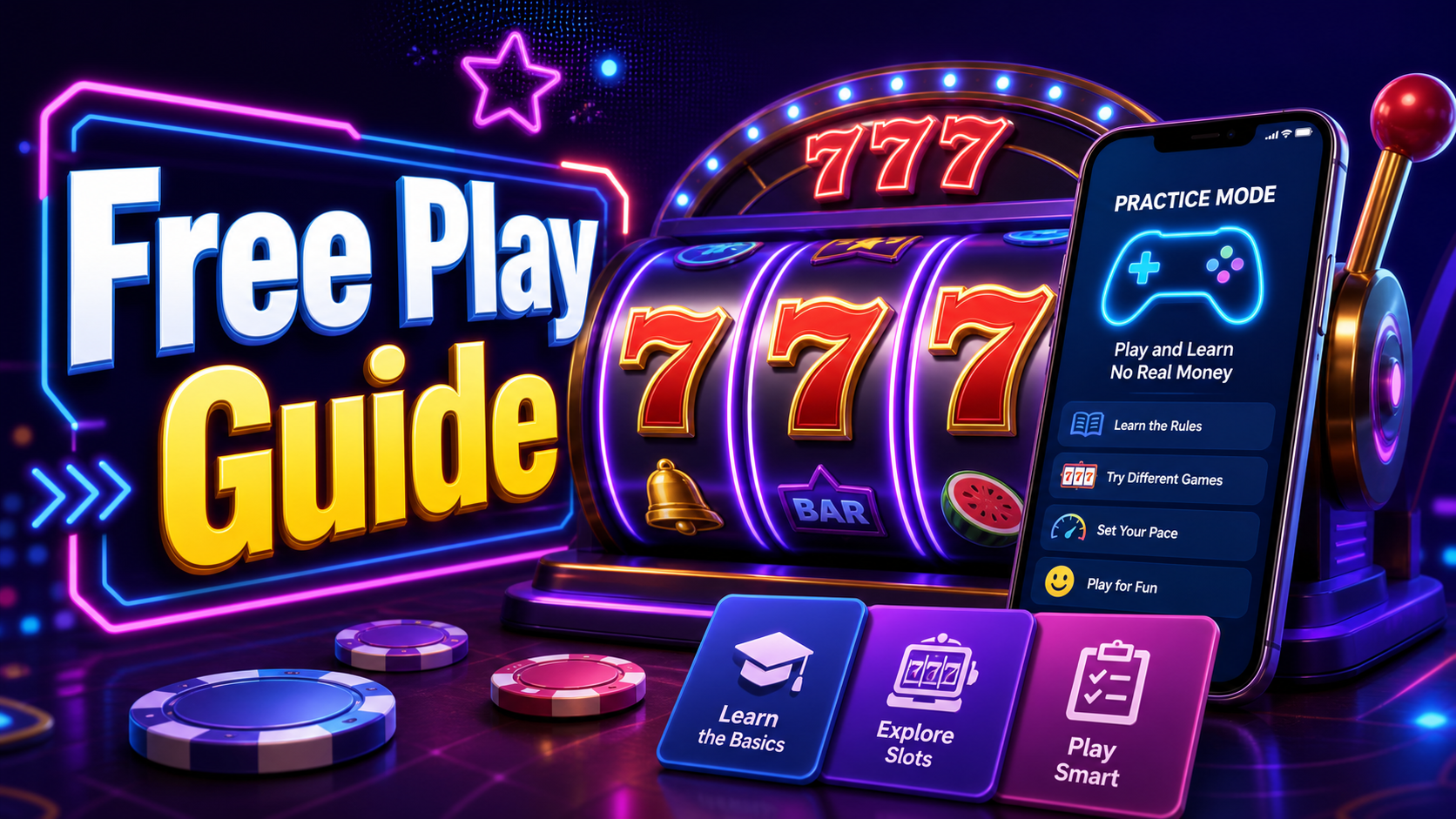 Premium 777 slot free play guide cover with slot reels and practice mode screen