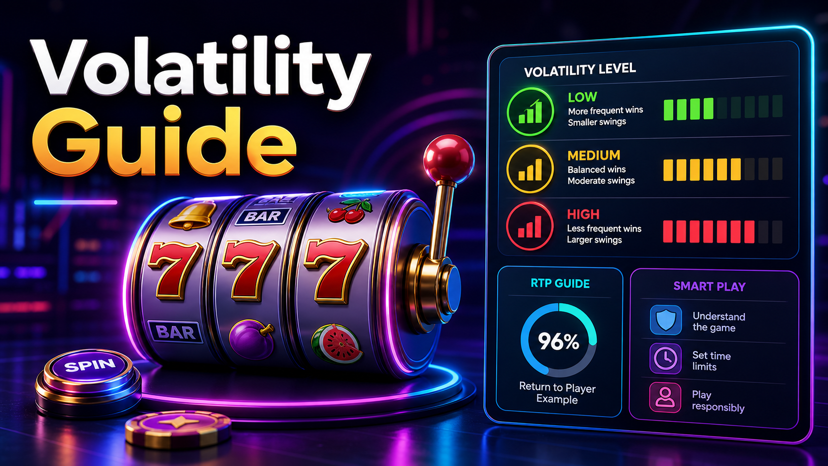 FS Slot volatility guide cover with slot reels and volatility indicators